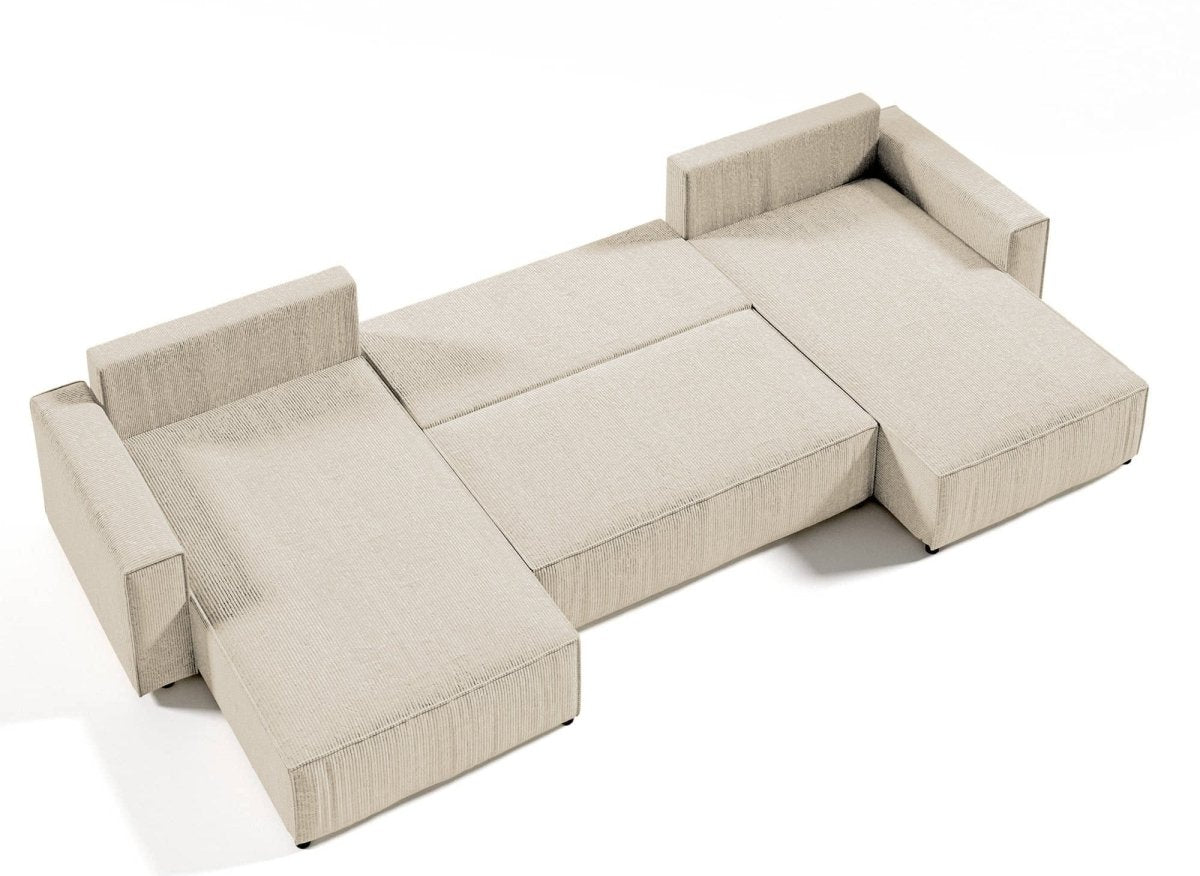 Canapé panoramique convertible avec coffre en velours côtelé beige - JADE - DécoInParis