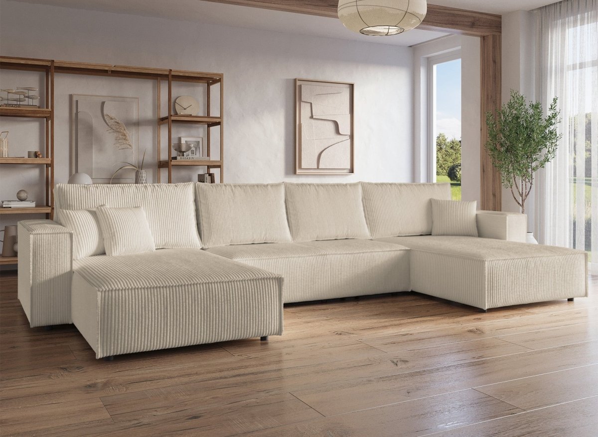Canapé panoramique convertible avec coffre en velours côtelé beige - JADE - DécoInParis
