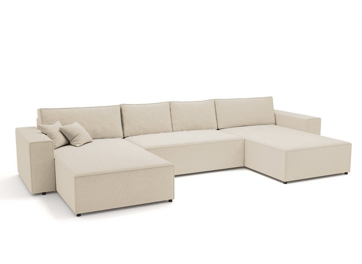 Canapé panoramique convertible avec coffre en velours côtelé beige - JADE - DécoInParis