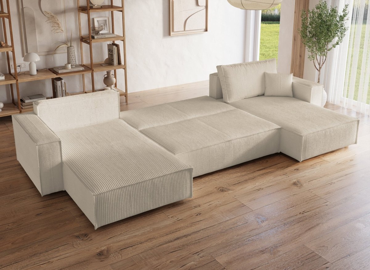 Canapé panoramique convertible avec coffre en velours côtelé beige - JADE - DécoInParis