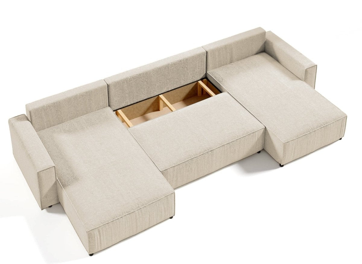 Canapé panoramique convertible avec coffre en velours côtelé beige - JADE - DécoInParis