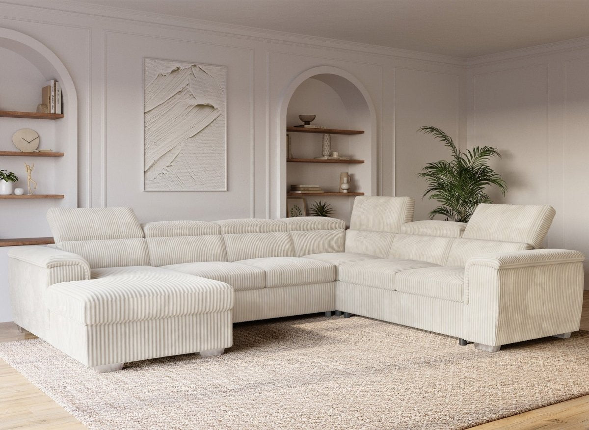 Canapé panoramique convertible avec coffre en velours côtelé épais beige GAELLE - Angle gauche - DécoInParis
