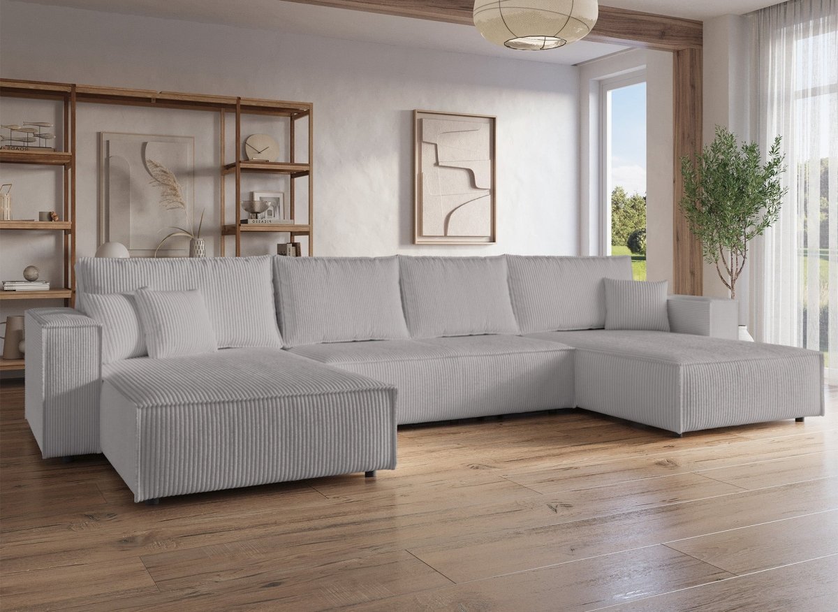 Canapé panoramique convertible avec coffre en velours cotelé gris clair - JADE - DécoInParis