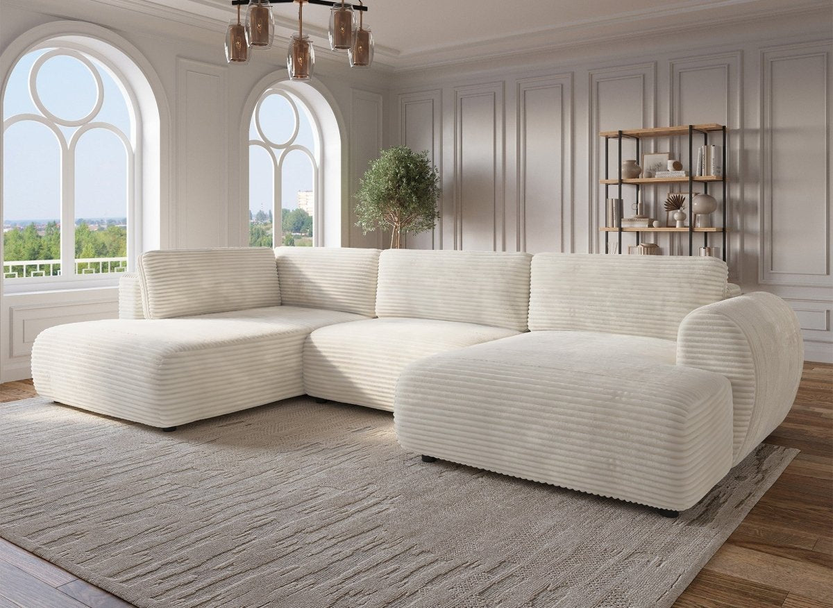 Canapé panoramique convertible avec coffre en velours gros côtelé beige TILDA - Angle gauche - DécoInParis