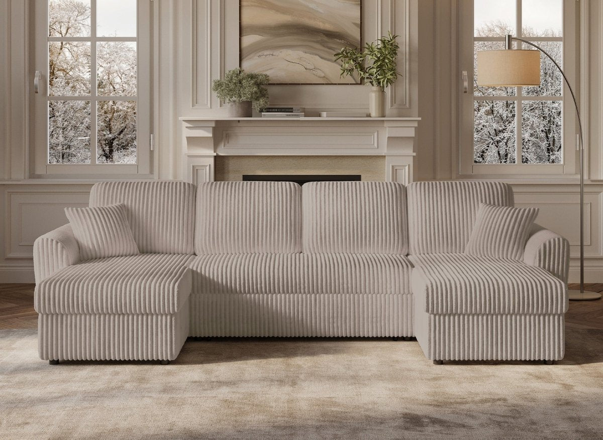 Canapé panoramique convertible avec coffres en velours côtelé épais taupe ADRYEN - DécoInParis