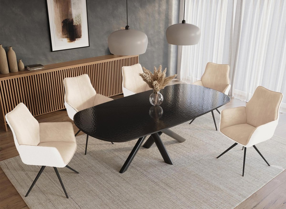 Chaise pivotante avec accoudoirs en velours et tissu bouclette beige ISALIE - DécoInParis