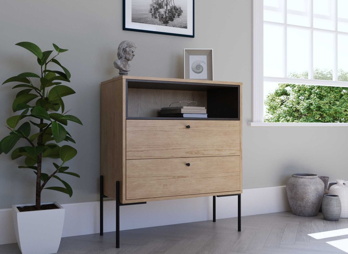 Commode 2 tiroirs en bois clair et métal noir SOHANE - DécoInParis