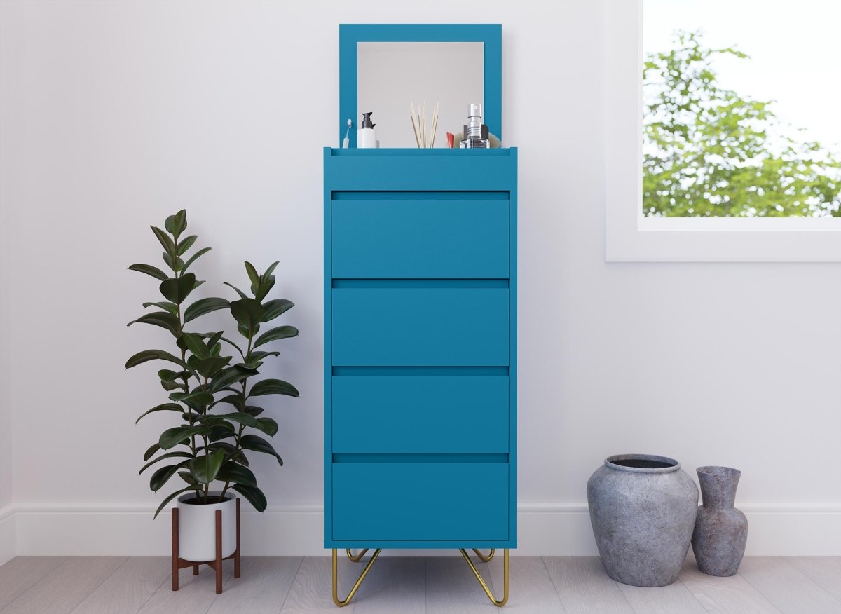 Commode 4 tiroirs bleu canard avec coiffeuse intégrée DARINA - DécoInParis
