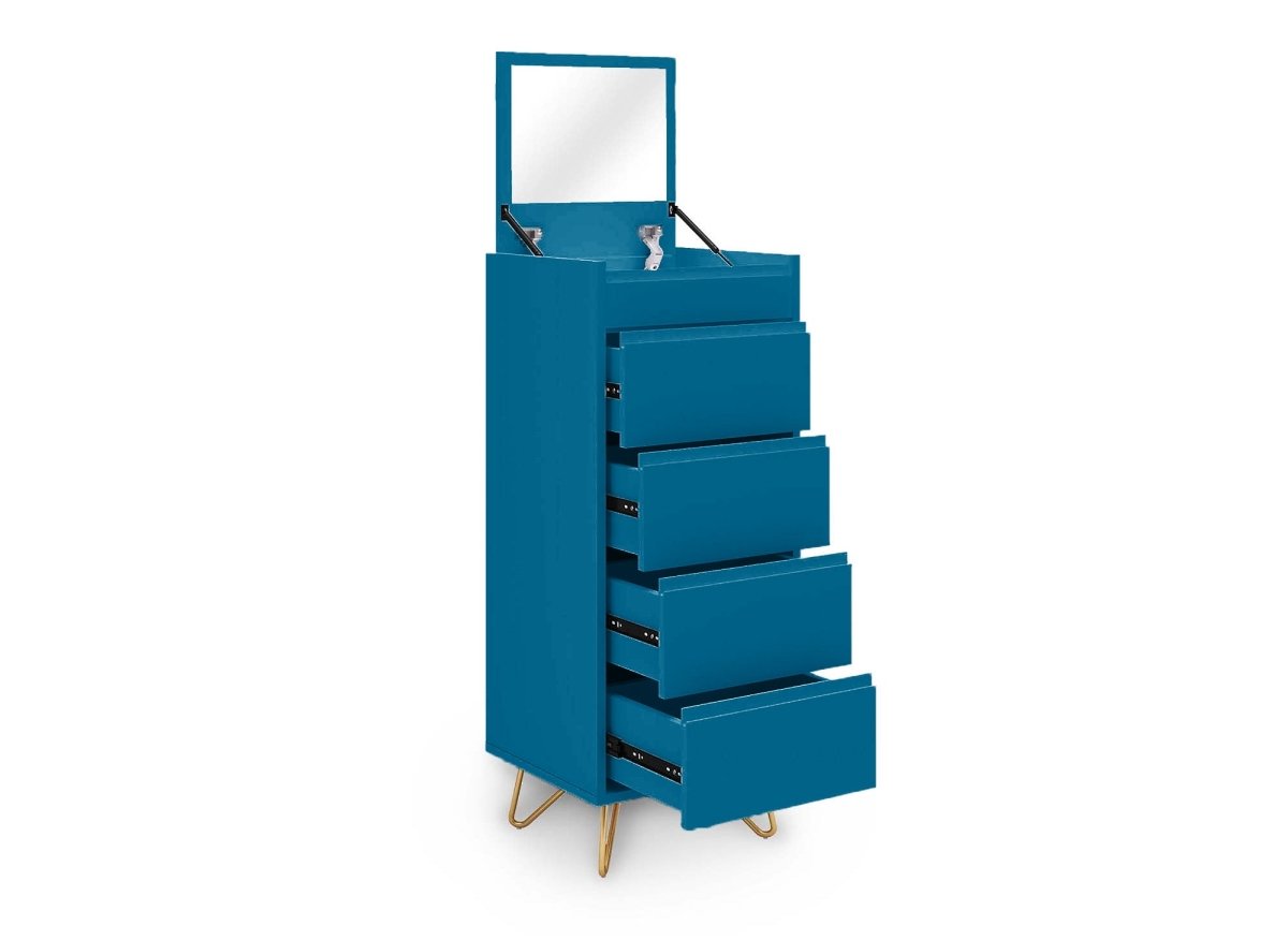 Commode 4 tiroirs bleu canard avec coiffeuse intégrée DARINA - DécoInParis