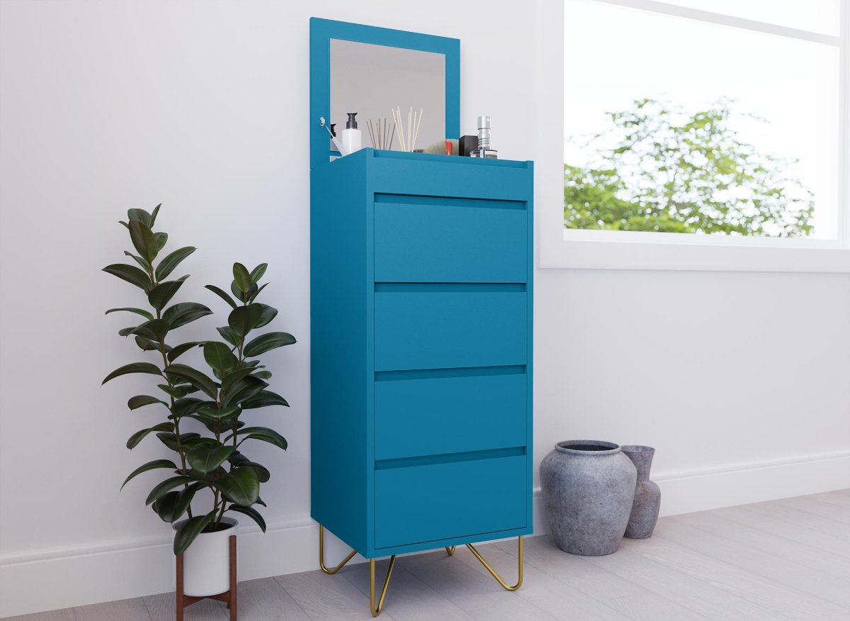 Commode 4 tiroirs bleu canard avec coiffeuse intégrée DARINA - DécoInParis