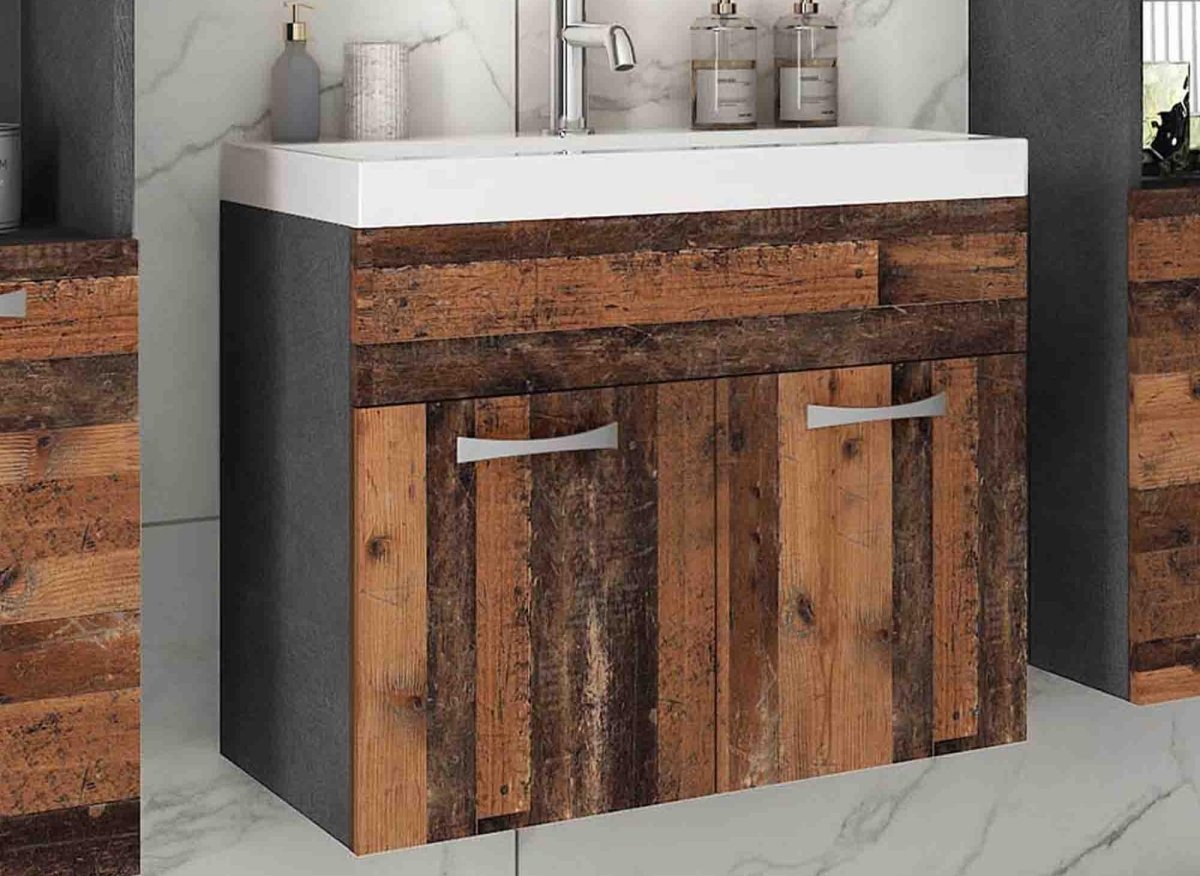 Ensemble meubles salle de bain design suspendu XL - Gris foncé et chêne vieilli HARMONY - DécoInParis