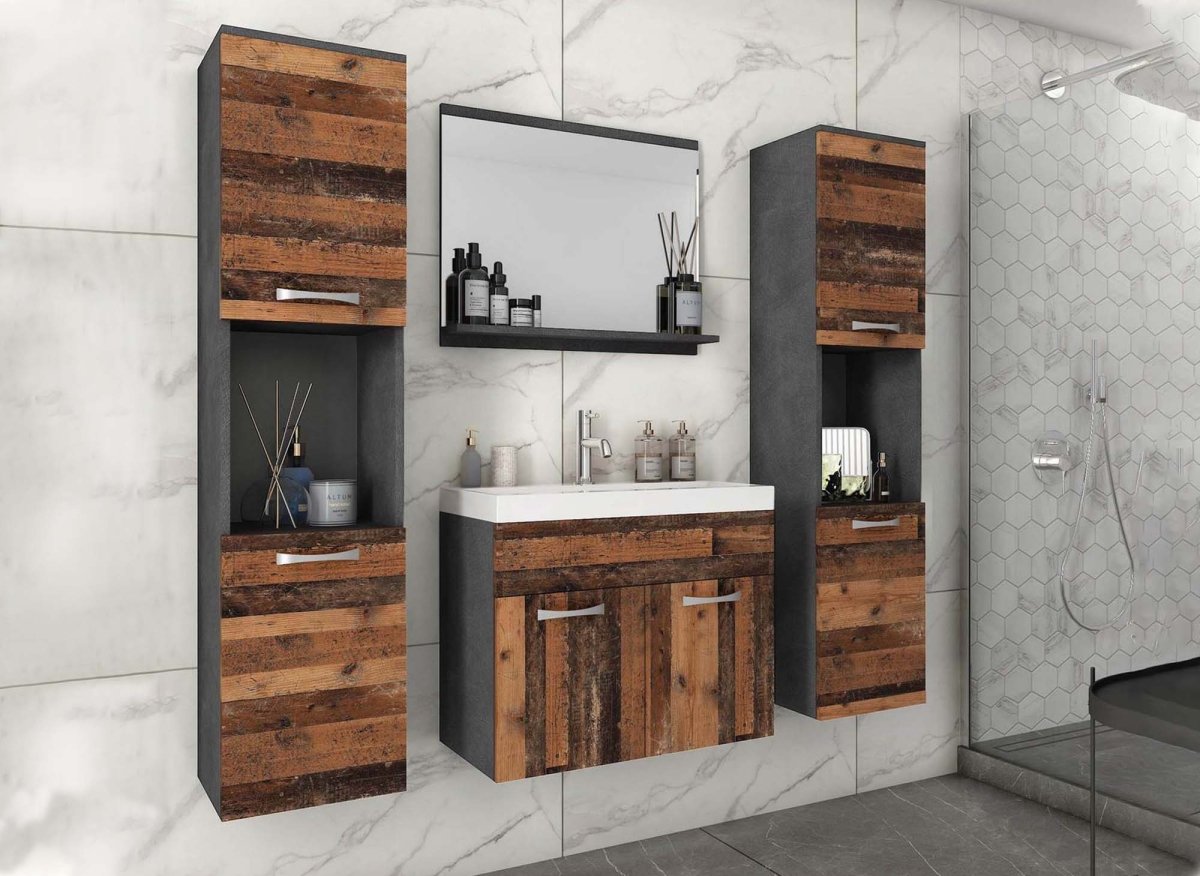 Ensemble meubles salle de bain design suspendu XL - Gris foncé et chêne vieilli HARMONY - DécoInParis