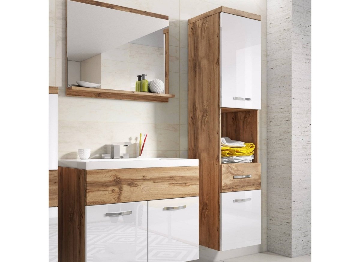 Ensemble meubles salle de bain suspendu - Bois effet vieilli et blanc SHELBY - DécoInParis