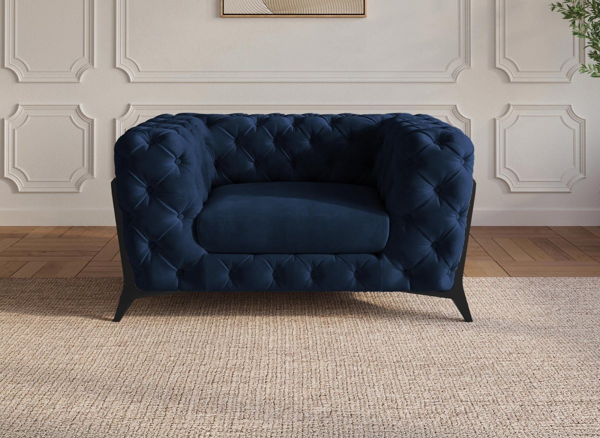 Fauteuil capitonné chesterfield velours bleu CARMEN - DécoInParis