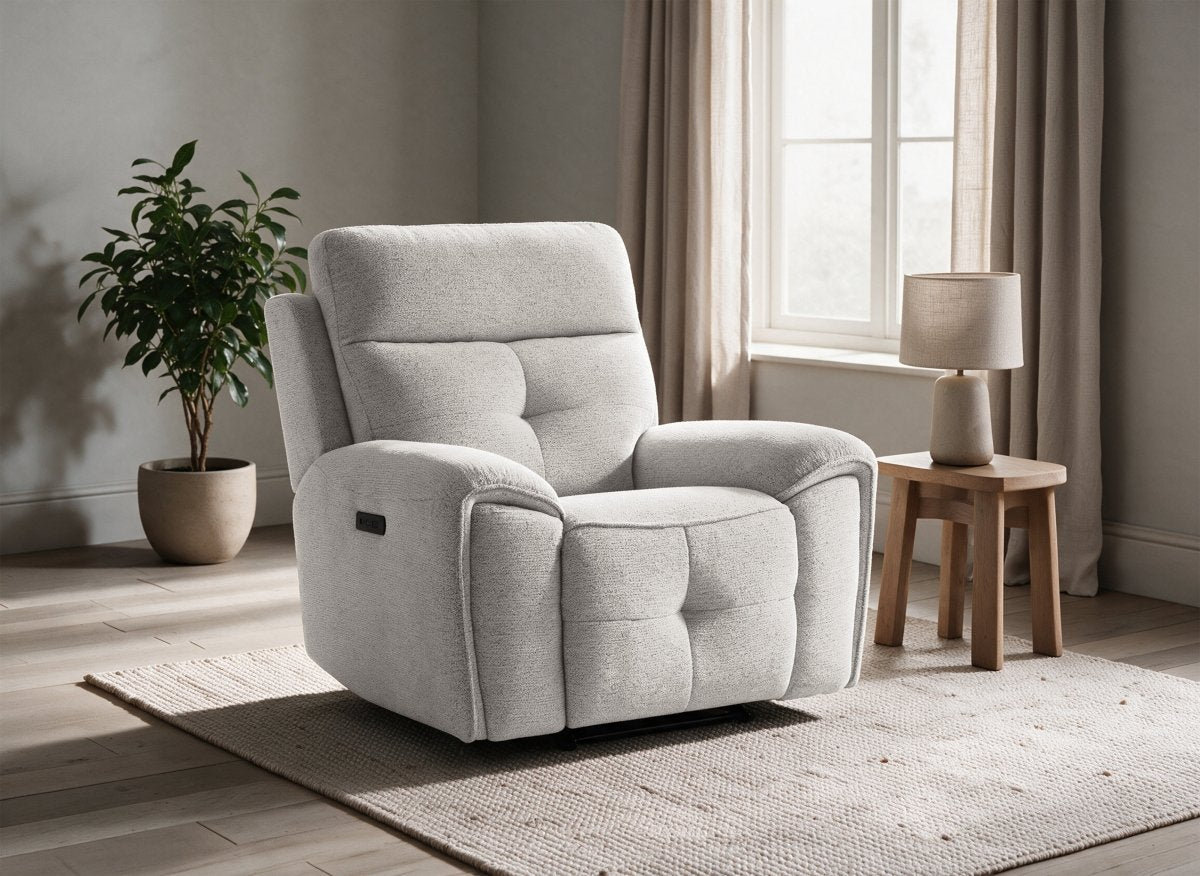 Fauteuil relax électrique en velours texturé beige PATRICIA - DécoInParis