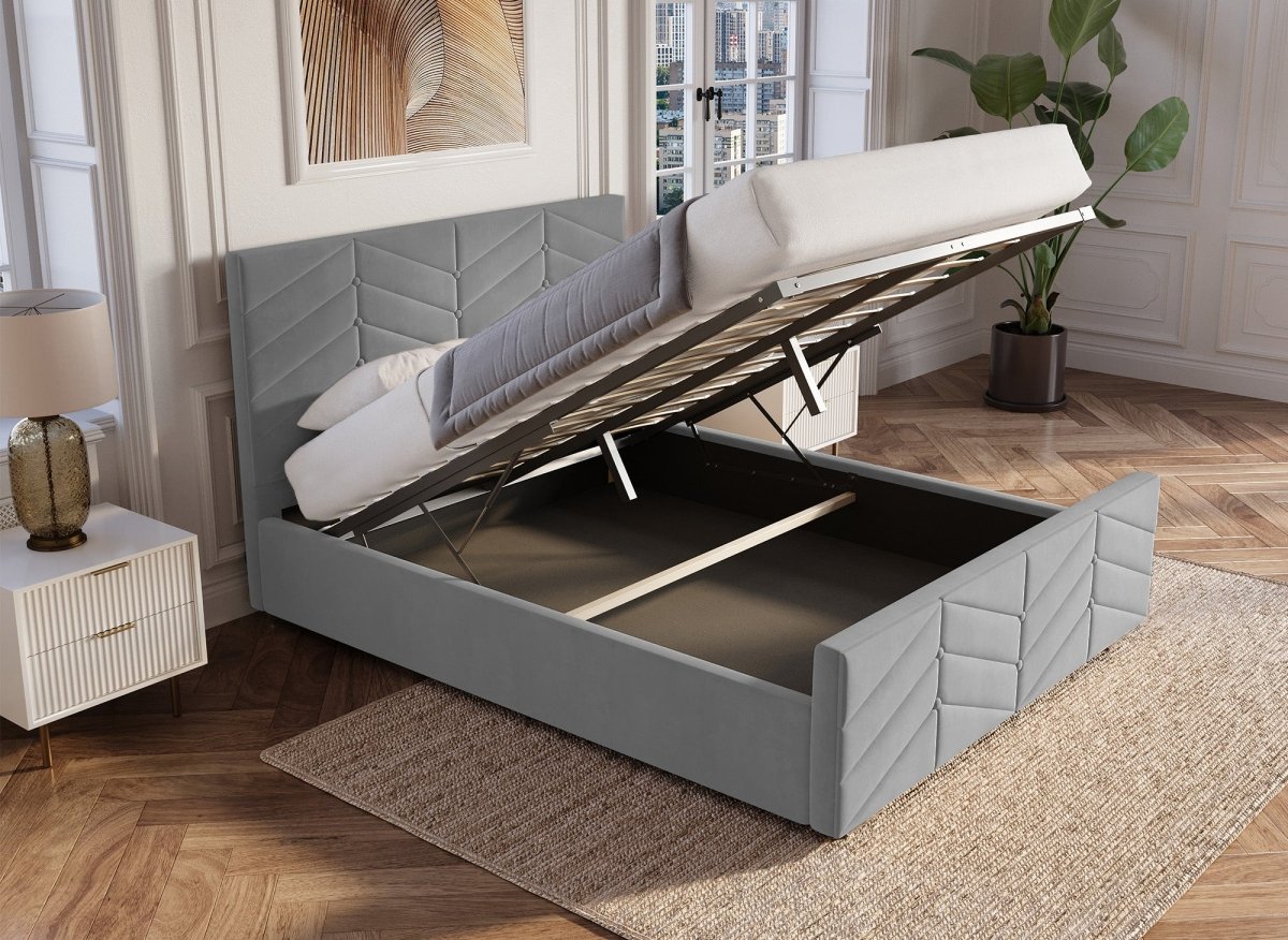 Lit avec sommier relevable et coffre en velours gris 180x200 cm PALMA - DécoInParis