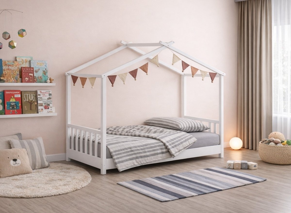 Lit cabane Montessori NIDOU à barreaux en bois blanc 90x190, chambre d'enfant