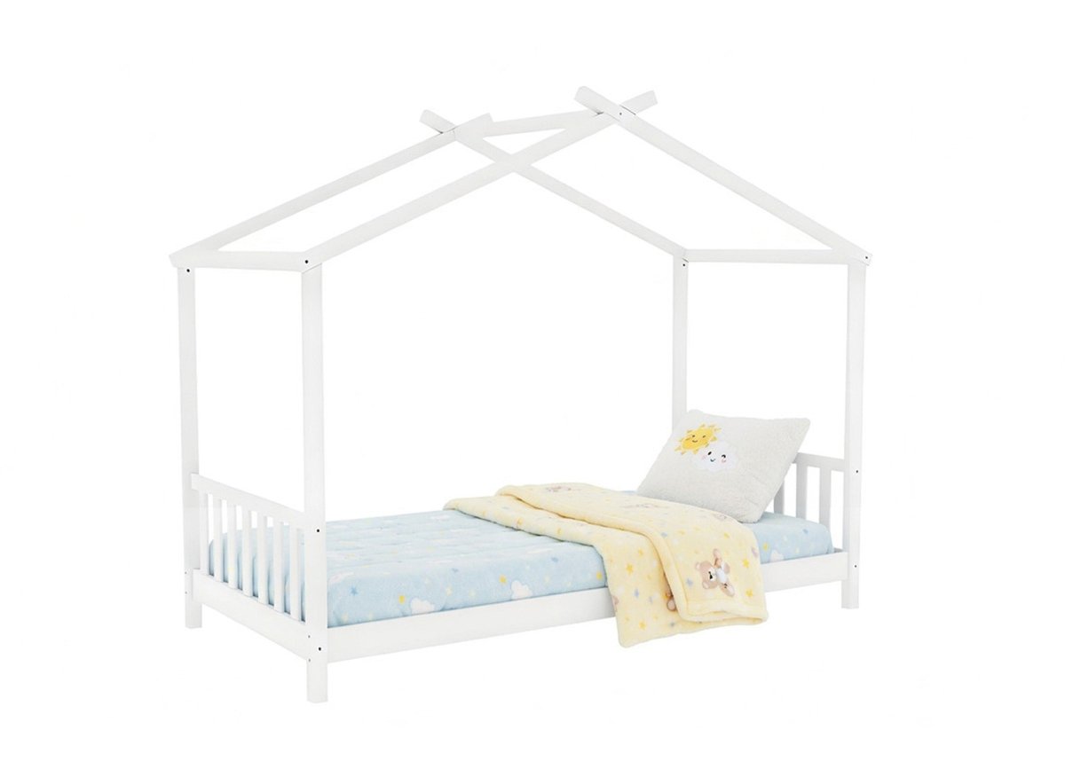 Lit cabane NIDOU blanc vu de face, toit en maison et barreaux