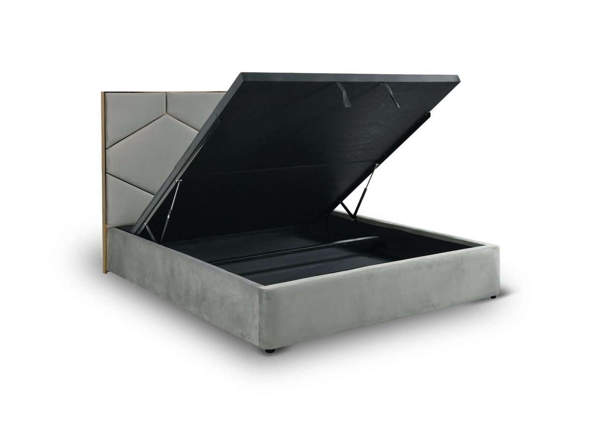 Lit coffre avec tête de lit design en velours gris LARA 180 x 200 cm - DécoInParis