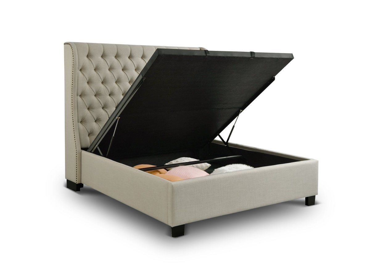 Lit coffre capitonné en tissu lin beige FLORINE 160 x 200 cm - DécoInParis