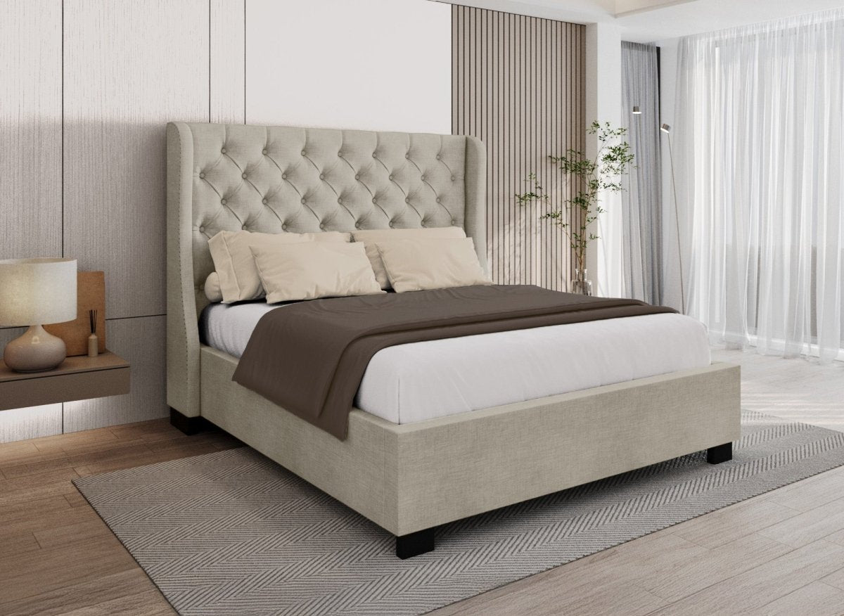 Lit coffre capitonné en tissu lin beige FLORINE 180 x 200 cm - DécoInParis