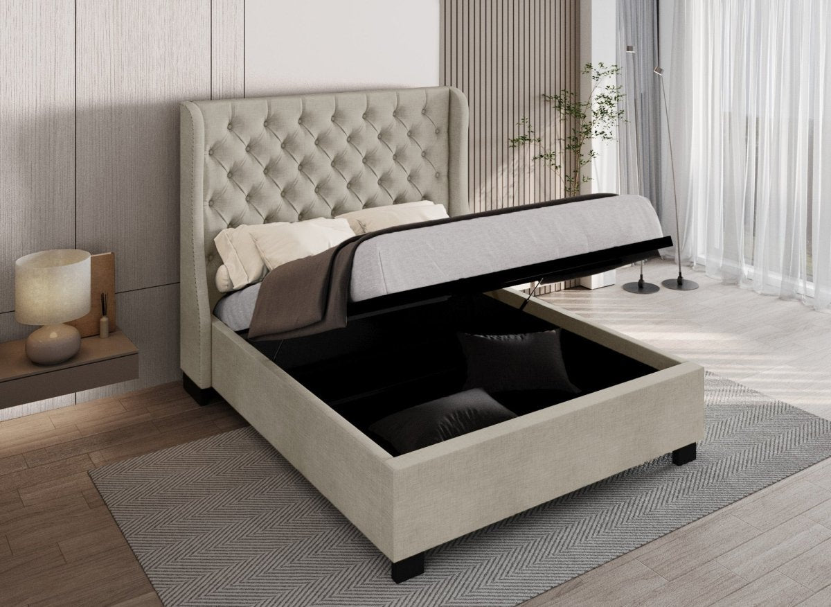 Lit coffre capitonné en tissu lin beige FLORINE 180 x 200 cm - DécoInParis