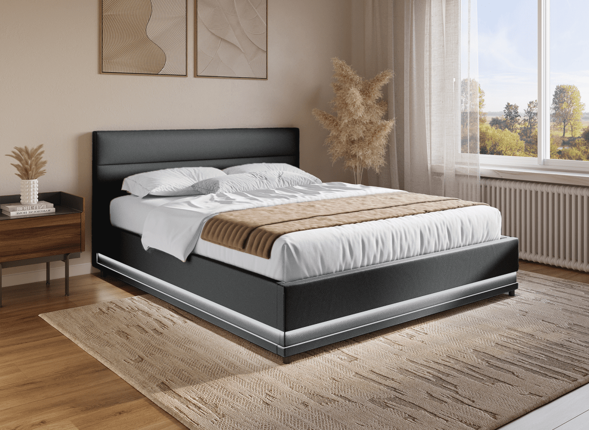 Lit coffre en simili cuir noir 180x200 cm ELENCE - DécoInParis