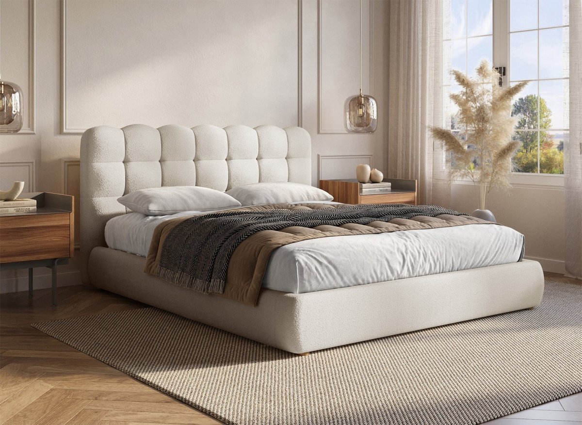Lit coffre en tissu bouclette beige 140x190 cm BISCUIT - DécoInParis