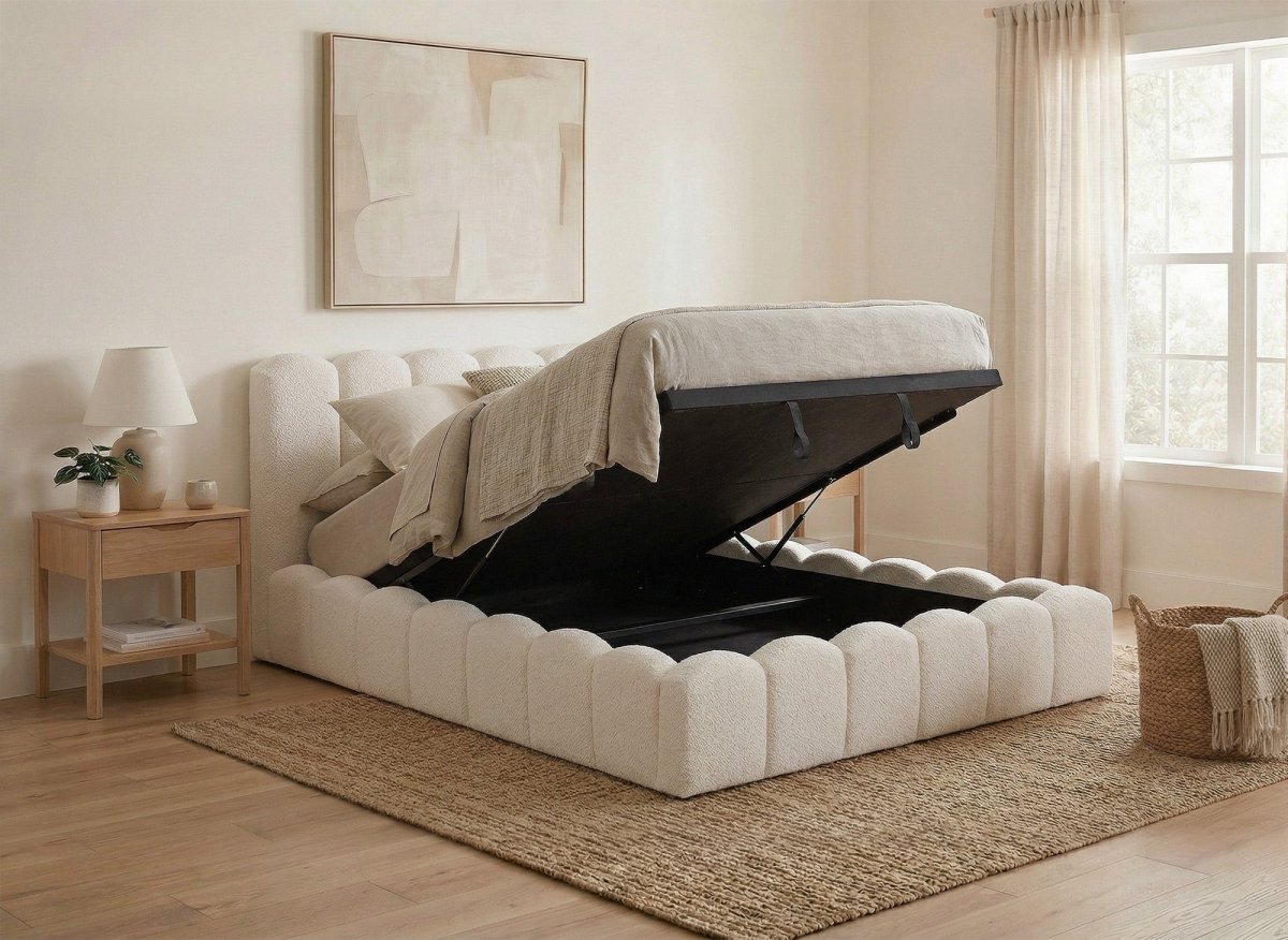 Lit coffre en tissu bouclette beige 140x190 cm RITA - DécoInParis