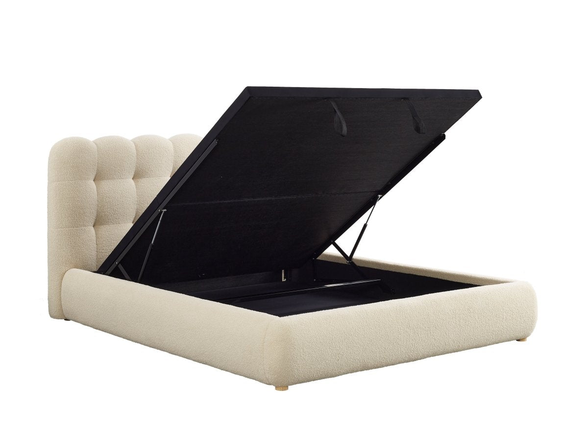 Lit coffre en tissu bouclette beige 160x200 cm BISCUIT - DécoInParis