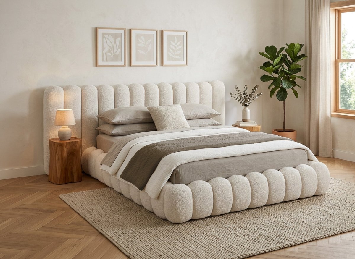 Lit coffre en tissu bouclette beige 160x200 cm GRETA - DécoInParis