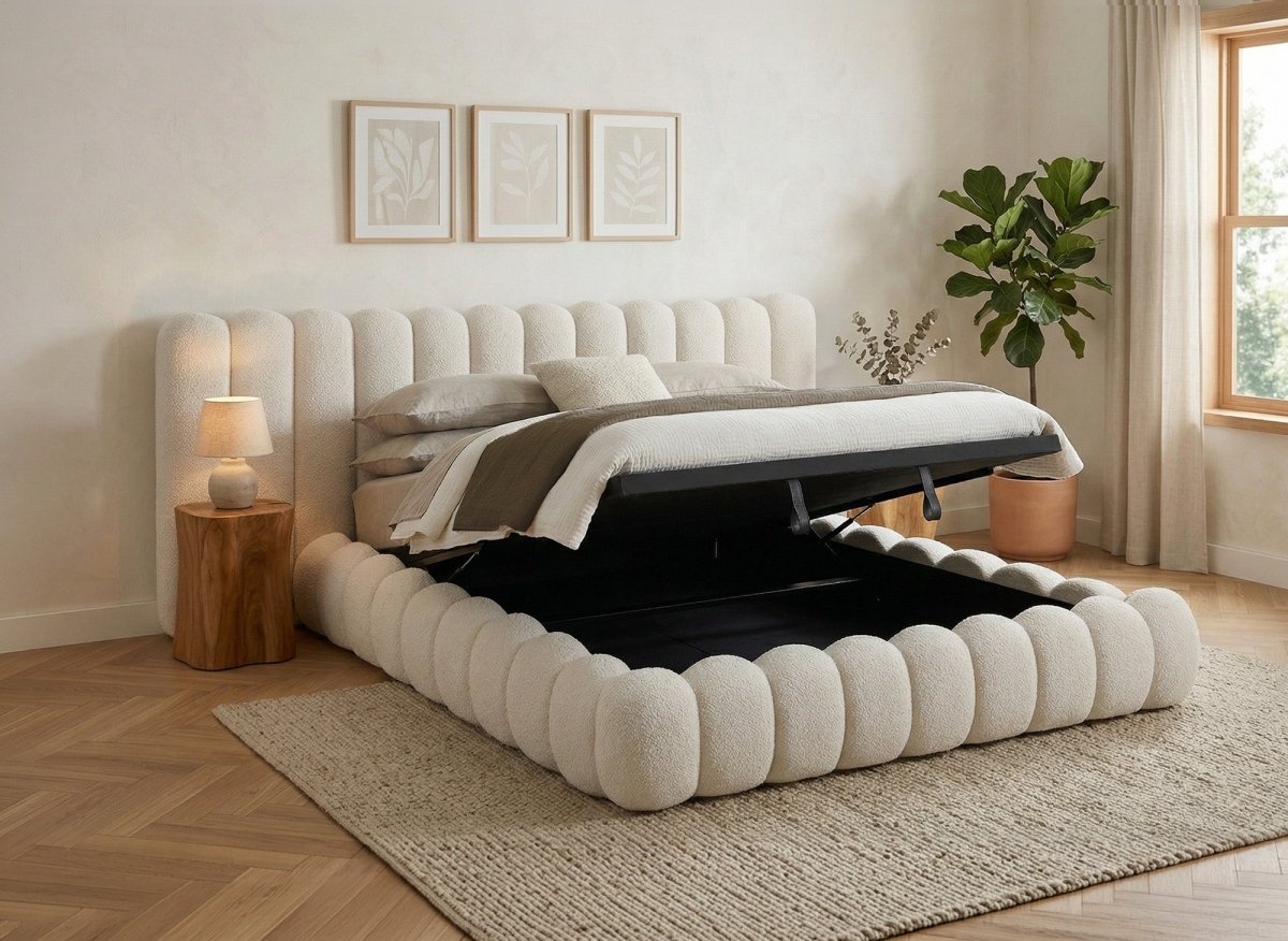 Lit coffre en tissu bouclette beige 160x200 cm GRETA - DécoInParis