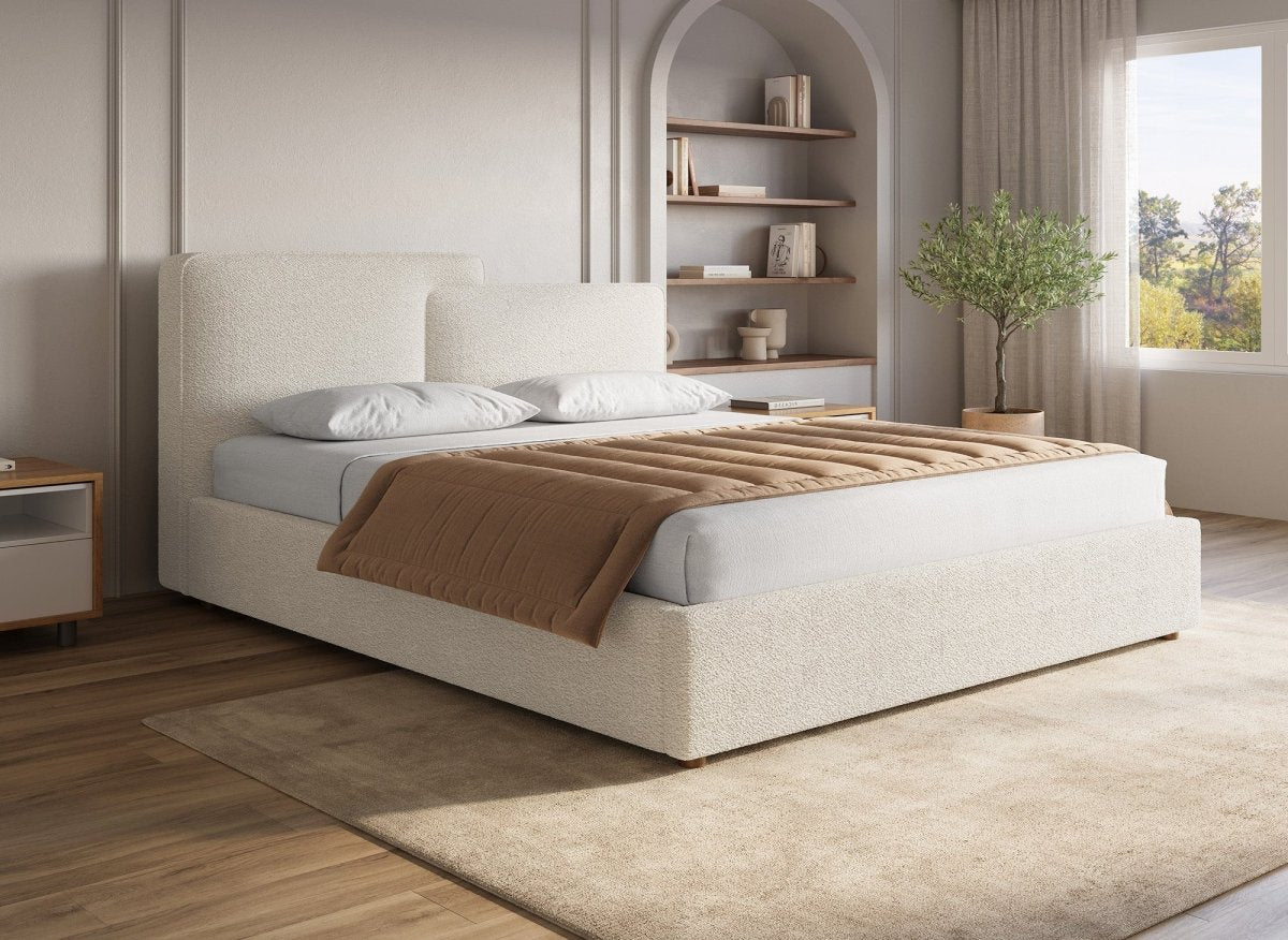Lit coffre en tissu bouclette beige 160x200 cm ZELIA - DécoInParis