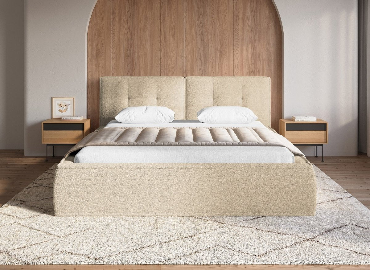 Lit coffre en tissu bouclette beige 180x200cm YUNA - DécoInParis