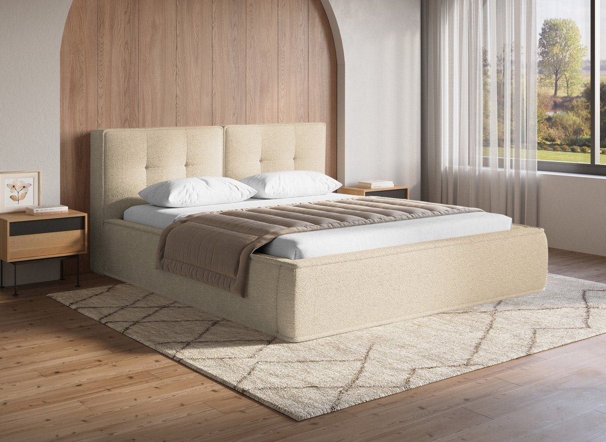 Lit coffre en tissu bouclette beige 180x200cm YUNA - DécoInParis