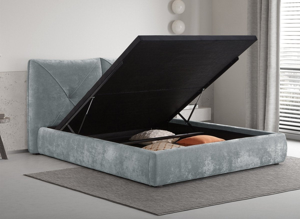 Lit coffre en tissu bouclette doux gris 160x200 cm NOAH - DécoInParis