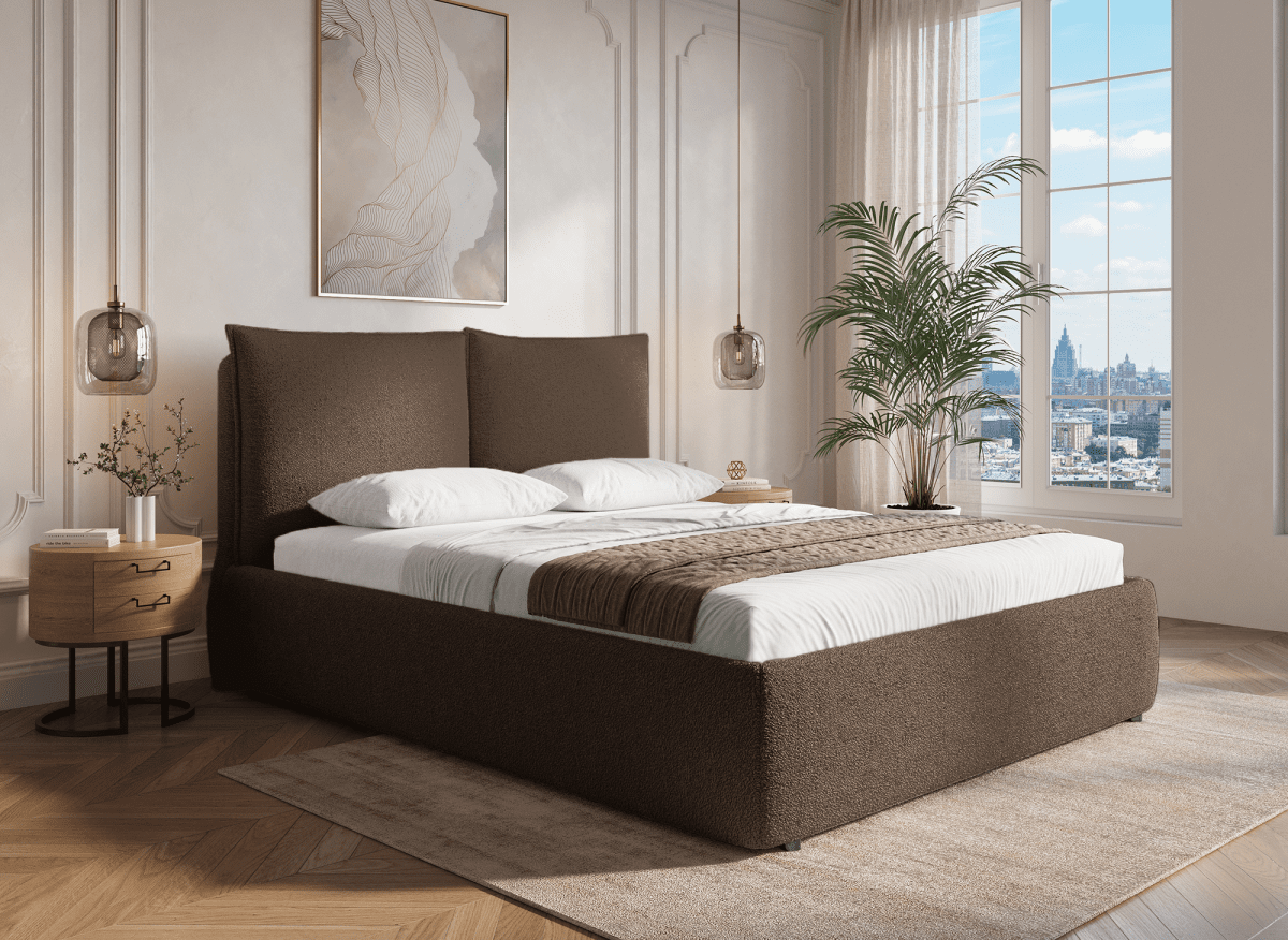 Lit coffre en tissu bouclette marron 140x190 cm MELY - DécoInParis