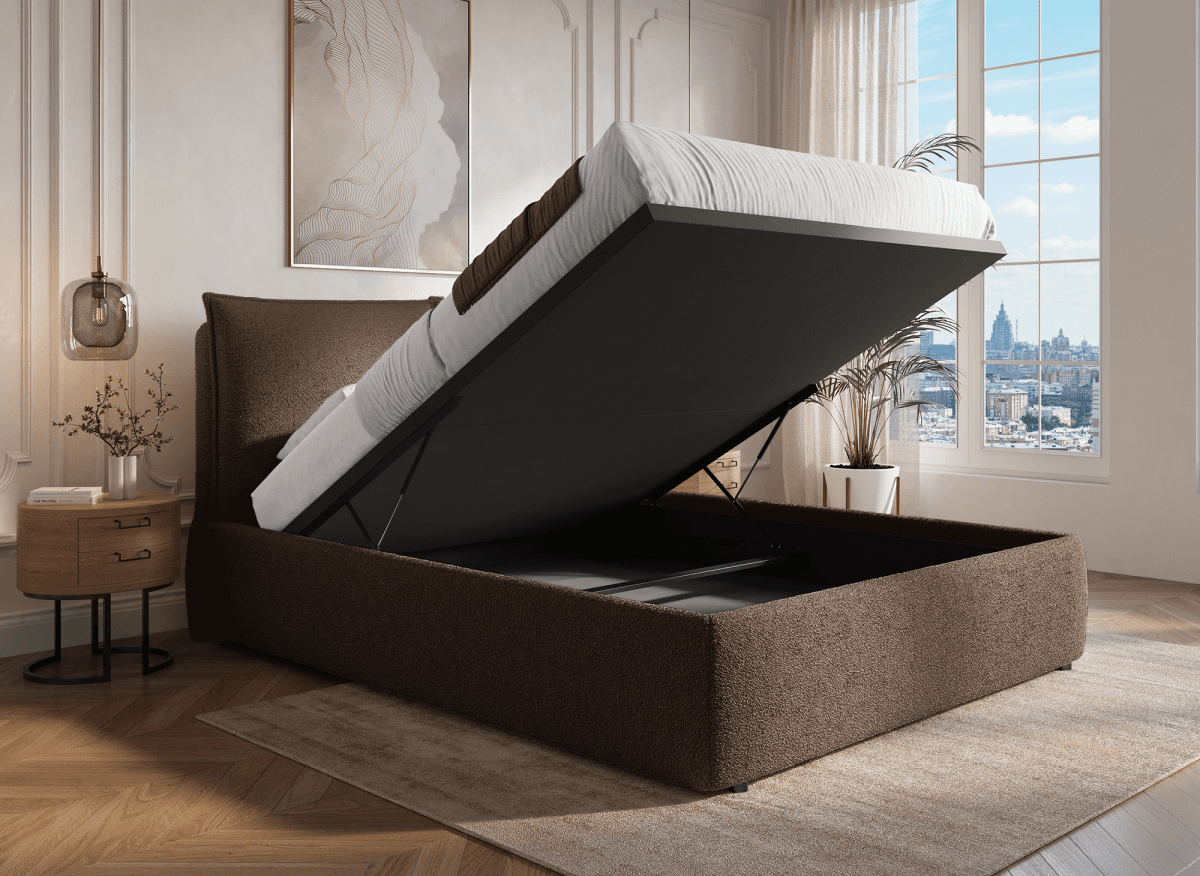 Lit coffre en tissu bouclette marron 140x190 cm MELY - DécoInParis