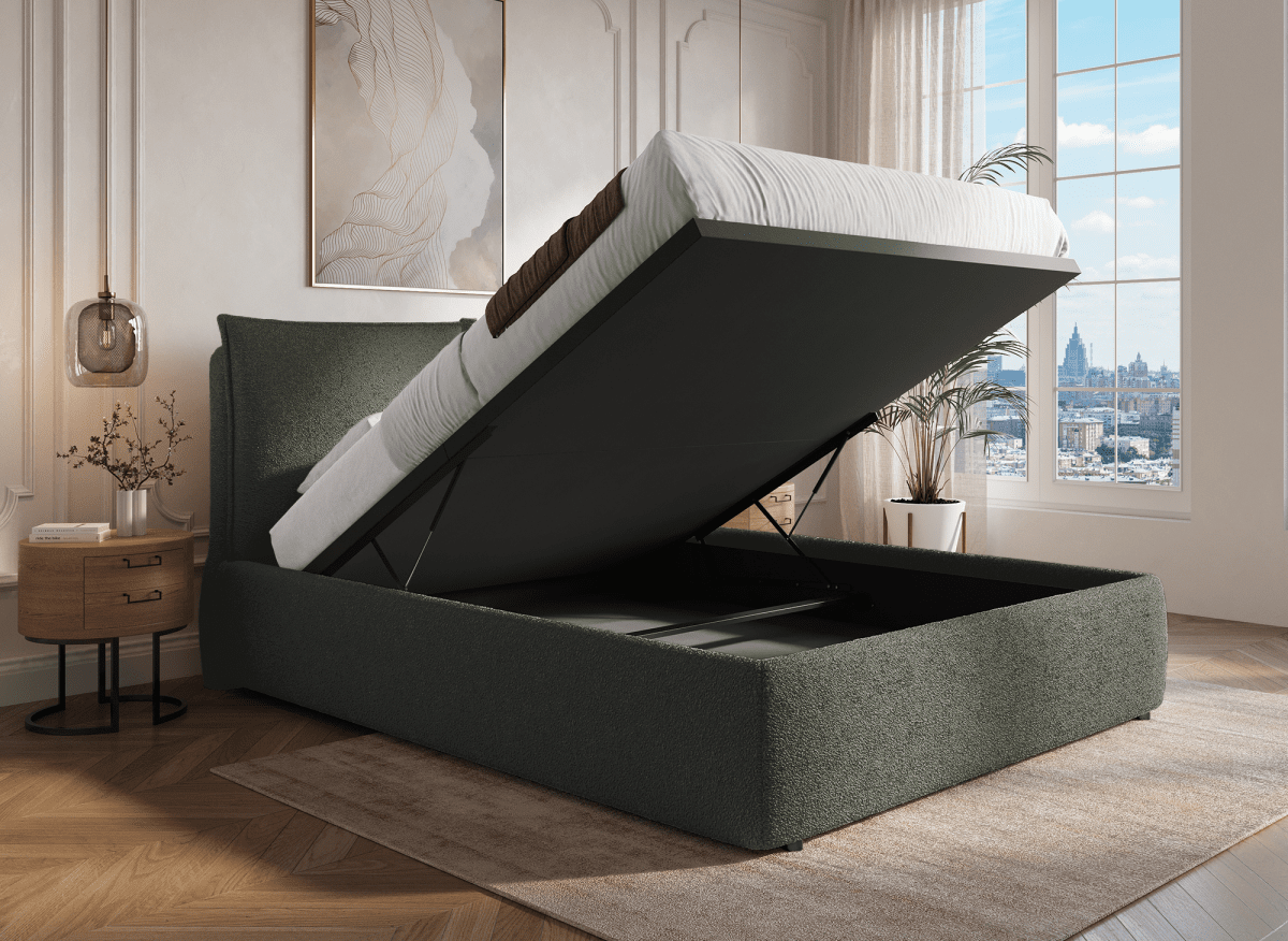Lit coffre en tissu bouclette vert olive 140x190 cm MELY - DécoInParis