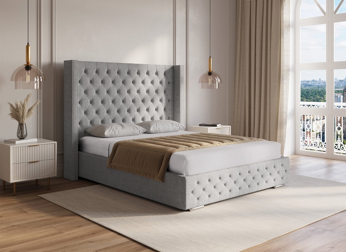 Lit coffre en tissu lin gris 140X190 cm MAXI - DécoInParis
