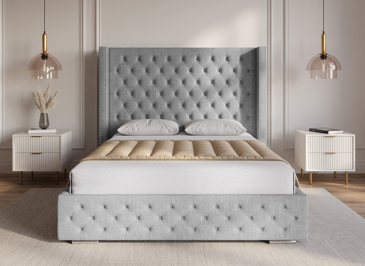 Lit coffre en tissu lin gris 140X190 cm MAXI - DécoInParis