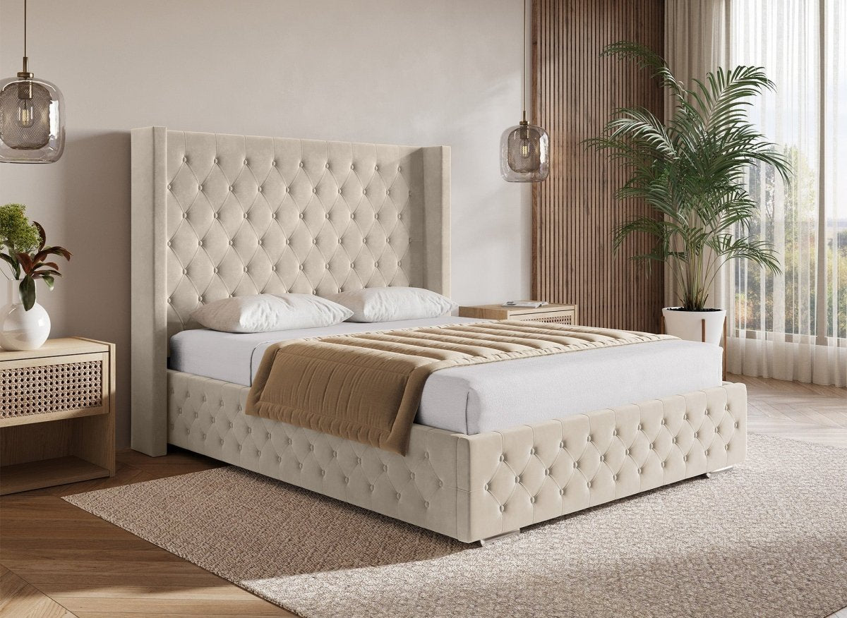 Lit coffre en velours beige 160X200 cm PERLA - DécoInParis