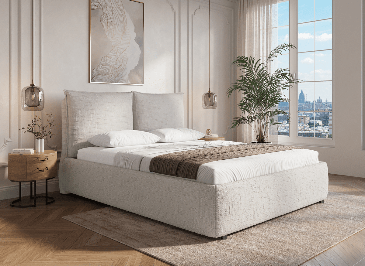 Lit coffre en velours chiné beige 140x190 cm MELY - DécoInParis