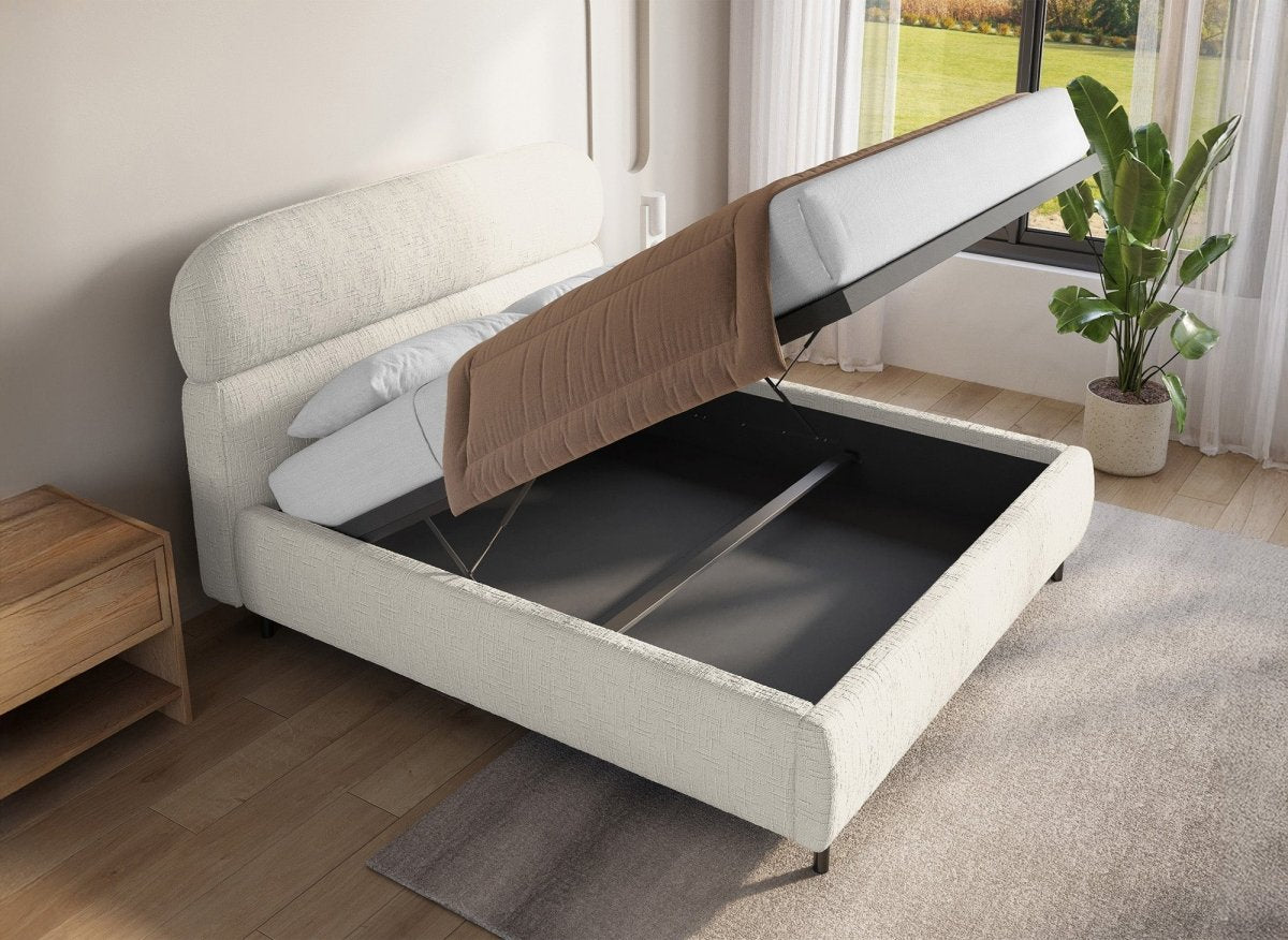 Lit coffre en velours chiné beige 140x190cm MELO - DécoInParis