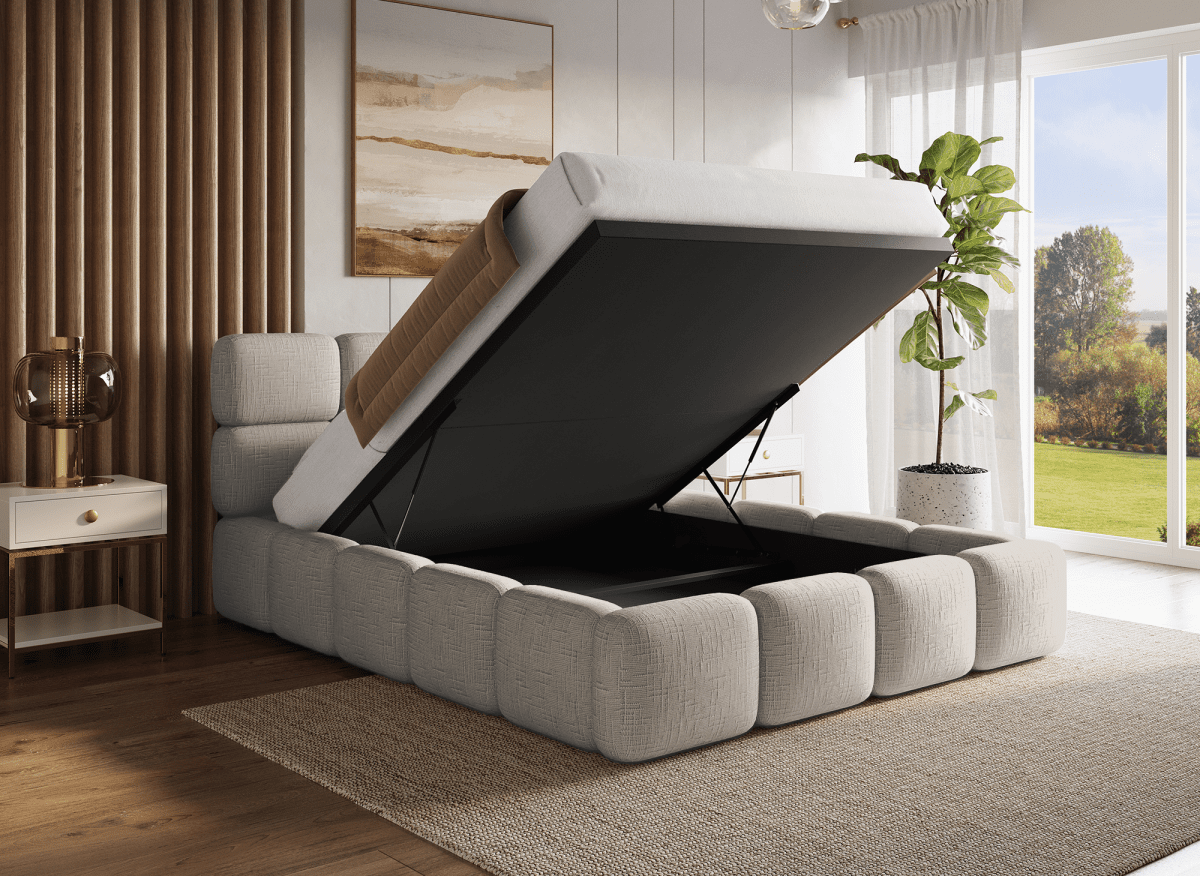 Lit coffre en velours chiné taupe 160x200 cm BUBBLE - DécoInParis