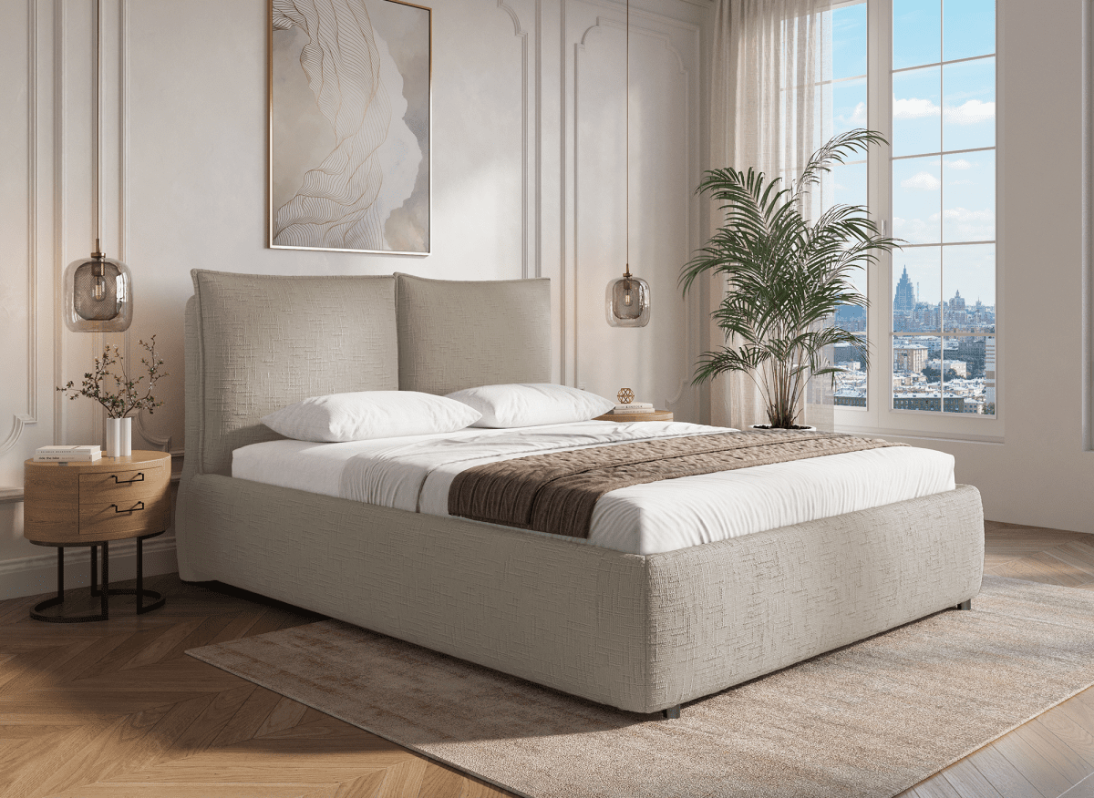 Lit coffre en velours chiné taupe 160x200 cm MELY - DécoInParis