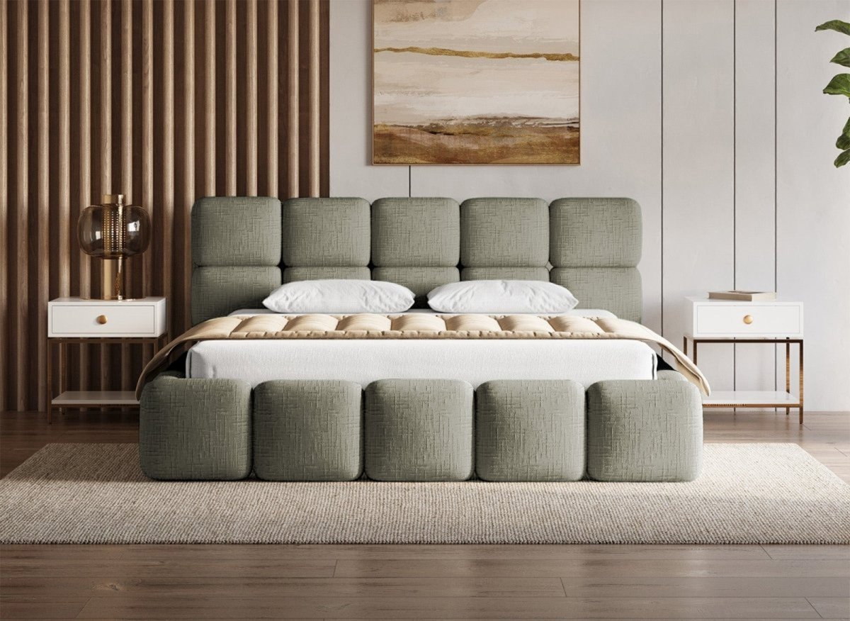 Lit coffre en velours chiné vert olive 180x200 cm BUBBLE - DécoInParis