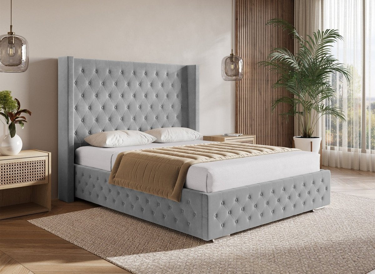 Lit coffre en velours gris 140X190 cm PERLA - DécoInParis
