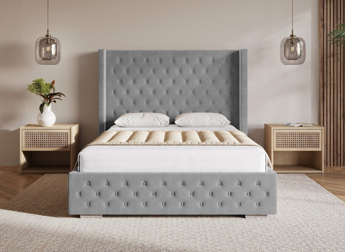 Lit coffre en velours gris 180X200 cm PERLA - DécoInParis