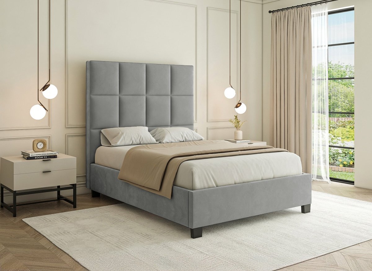 Lit coffre en velours gris design CAROLINE 140 x 190 cm - DécoInParis